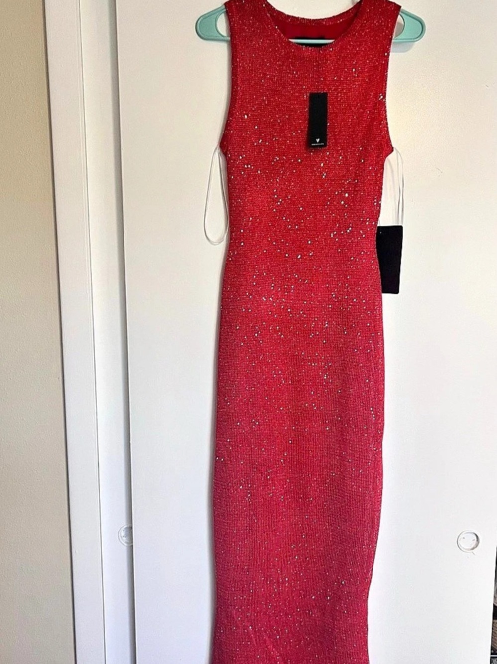 Lulus Jordi Red Sequin Crochet Knit Maxi Dress Medium